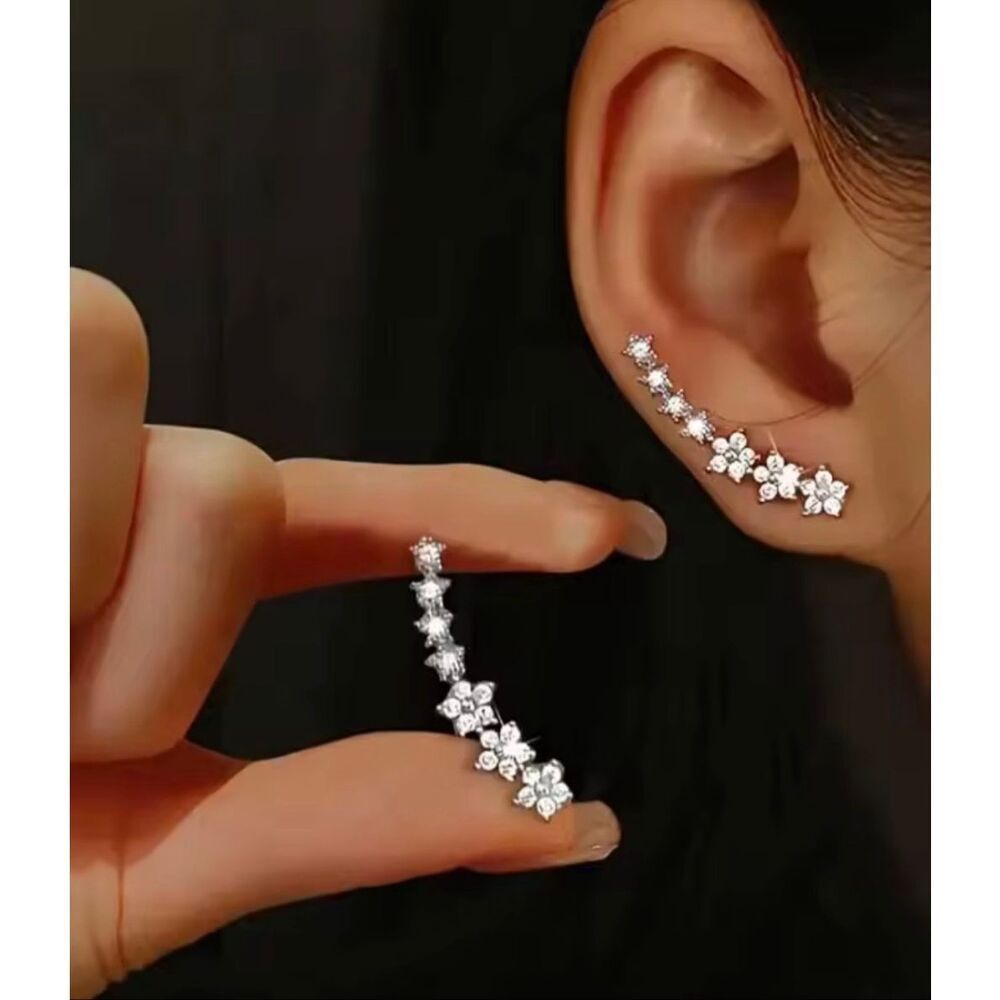 Silver-Tone Floral Ear Climber Earrings – Crystal Bridal Vine Studs